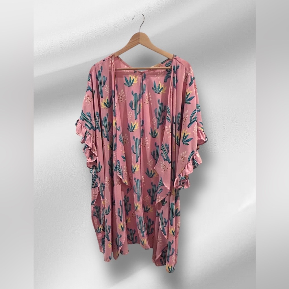Cactus Print Kimono Small (Oversized-upto XL) Ruffle Sleeve Open Front Boho - Picture 2 of 3